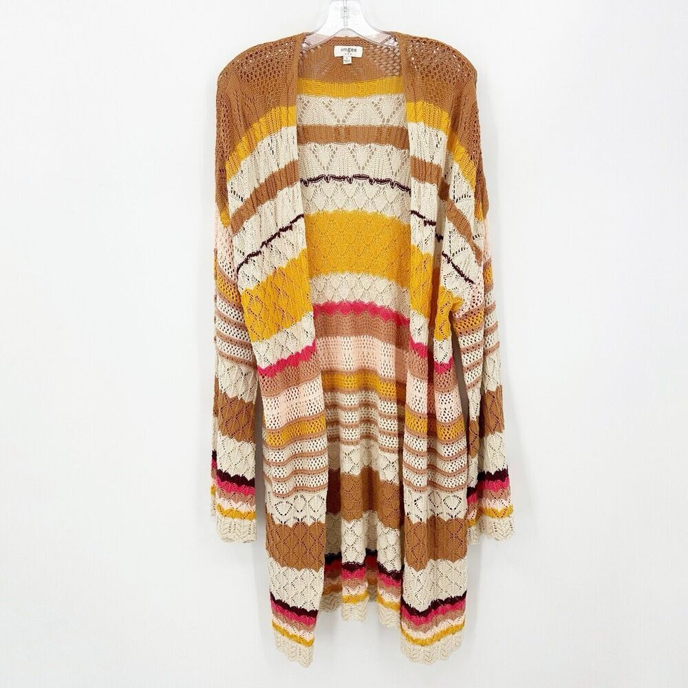 Umgee Womens Cardigan L‎ Striped Open-knit Crochet Boho Retro-inspired Festival